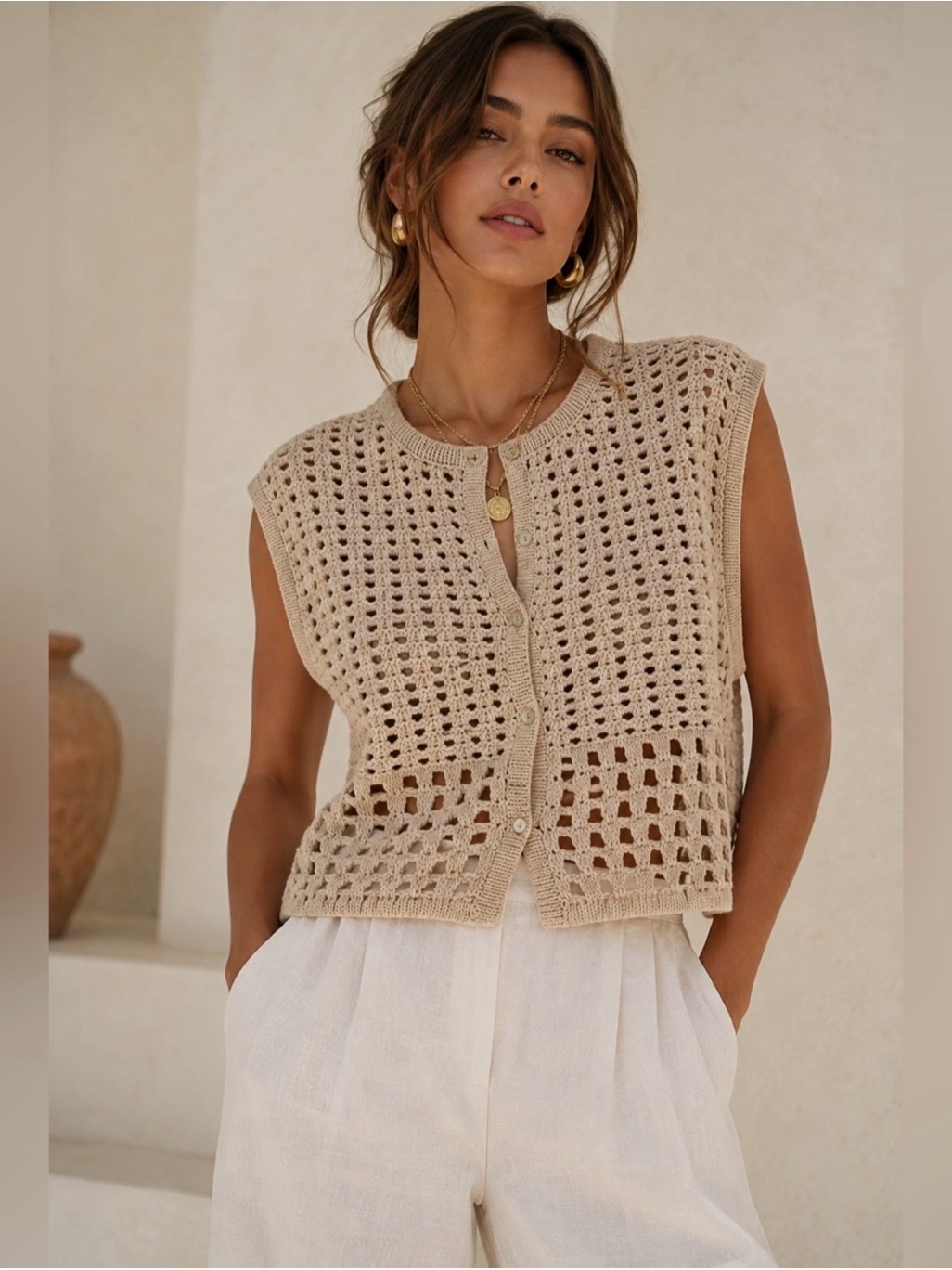 House Of Harlow 1960 Crochet Knit Button-Front Vest - Beige
